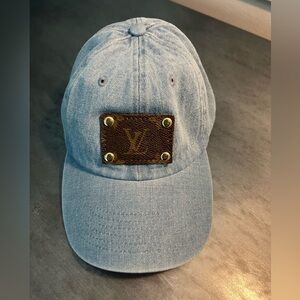 Blue jean hat with Louis Vuitton patch